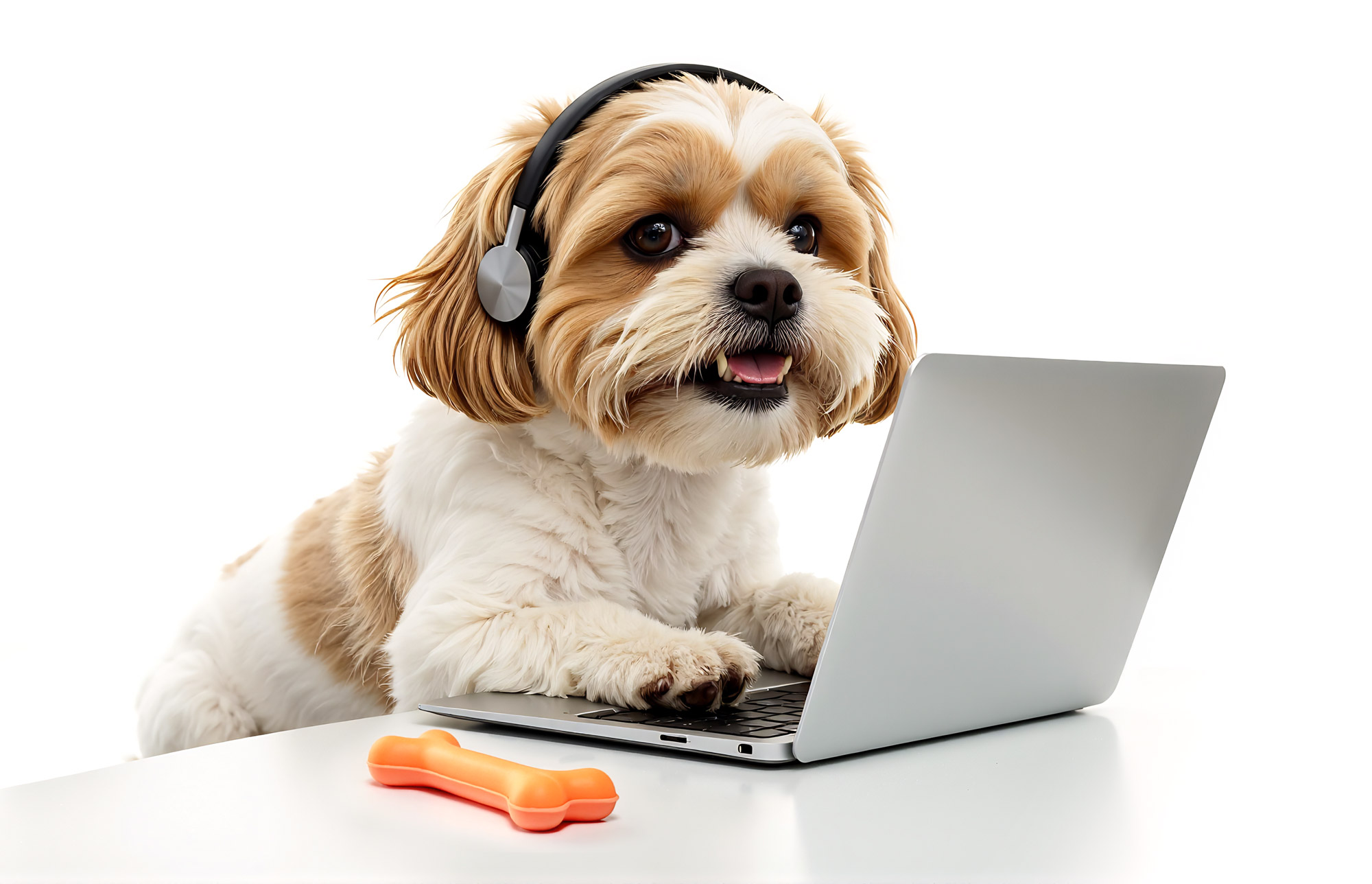 Dog wearing headphones in front of a laptop, ready to book online